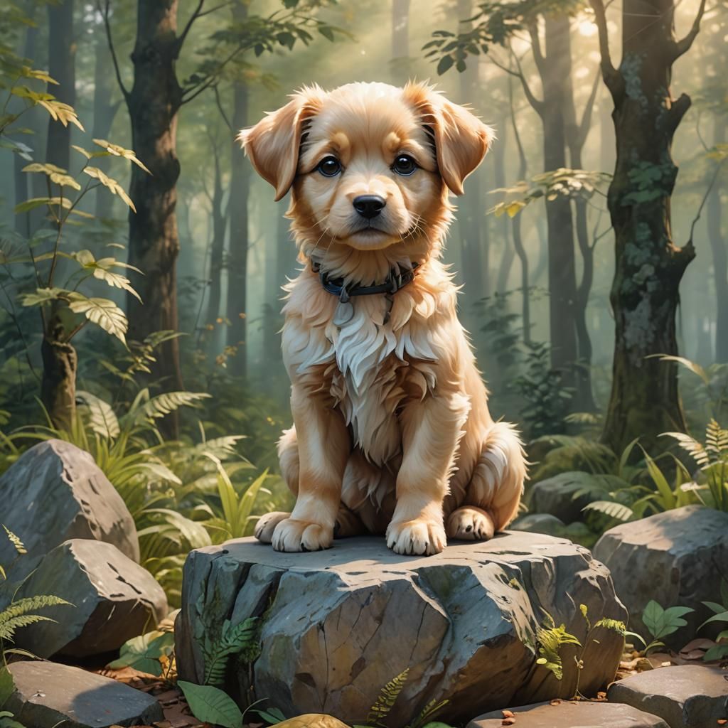 Playful Puppy in Misty Forest: 3D Anime Art
