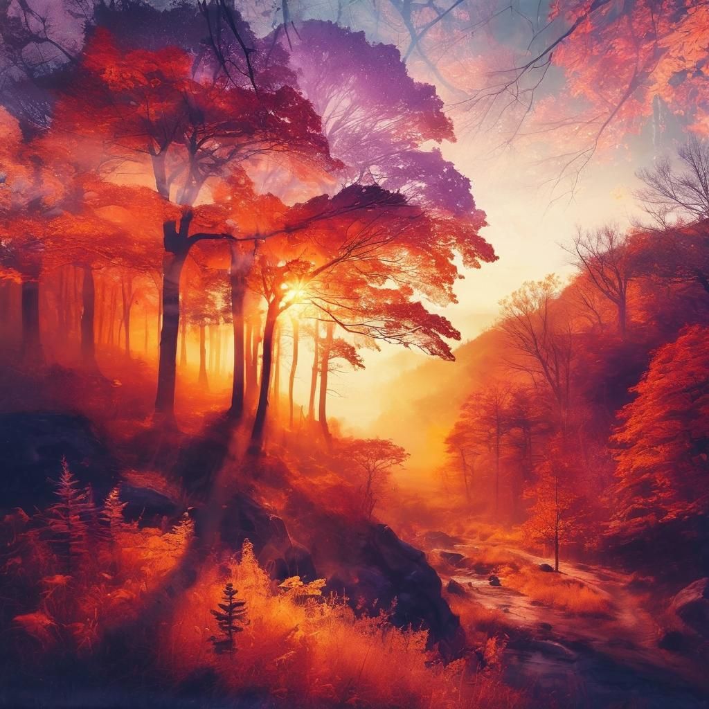 Double Exposure of Orange and Purple Fall Landscape