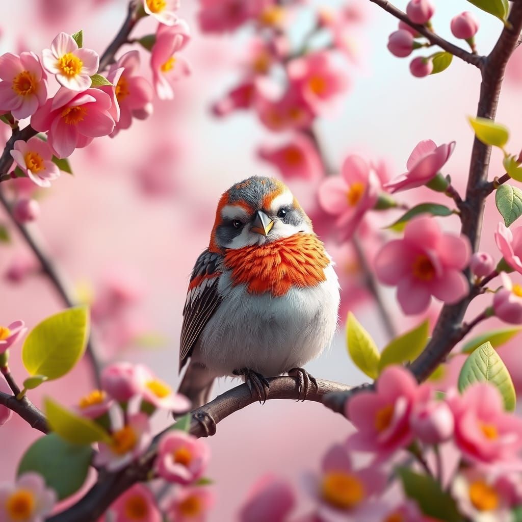 Colorful Sparrow in Blossoming Candyland Tree: Digital Illus...