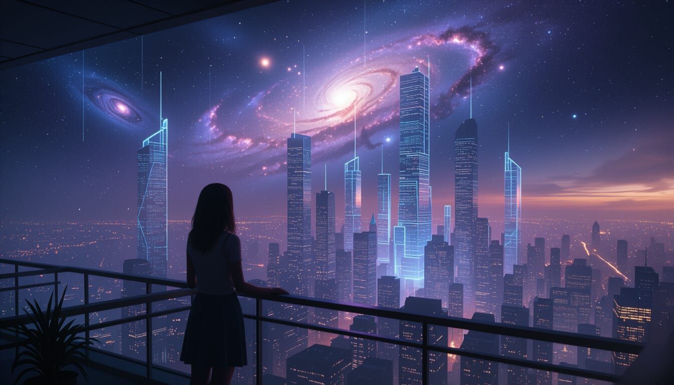 Woman Gazing Over Futuristic Cityscape with Quantum Light