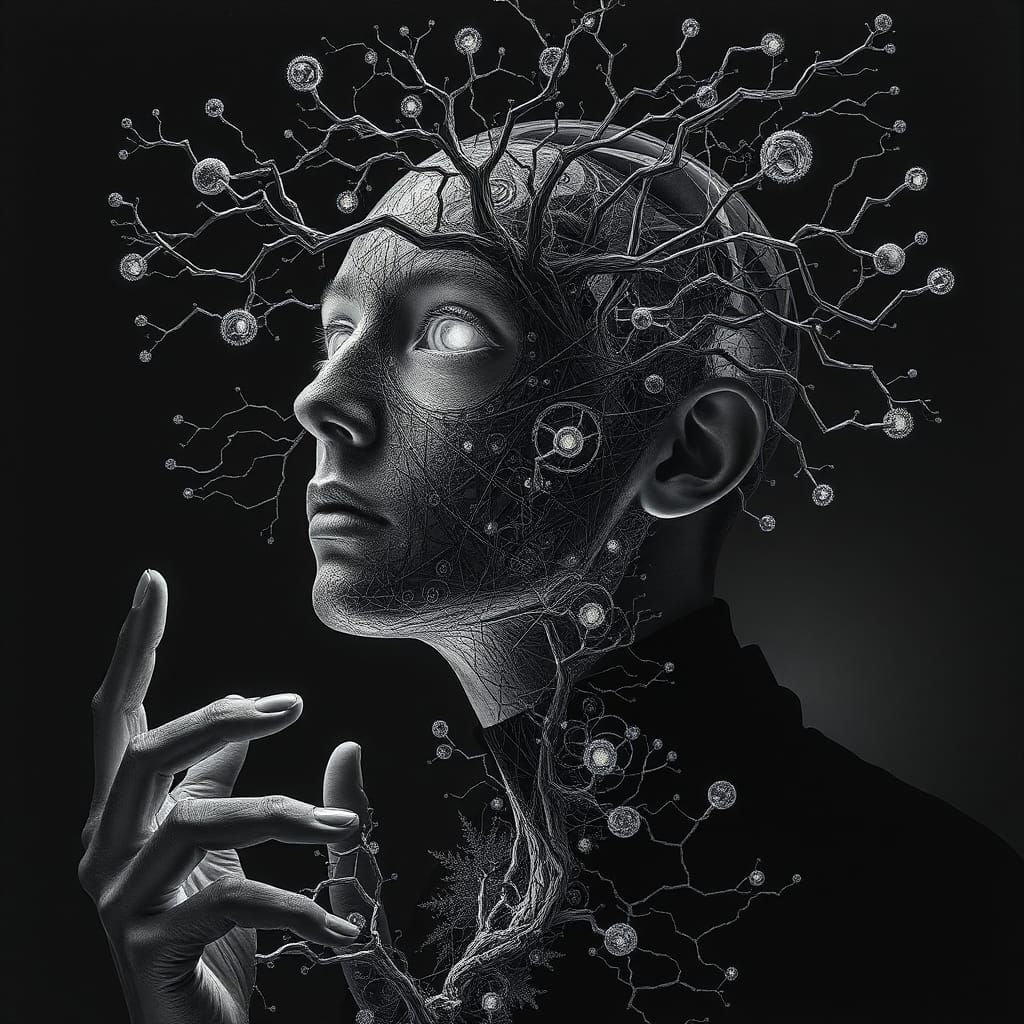 Fractal Scientist in Luminescent Biosuit Portrait