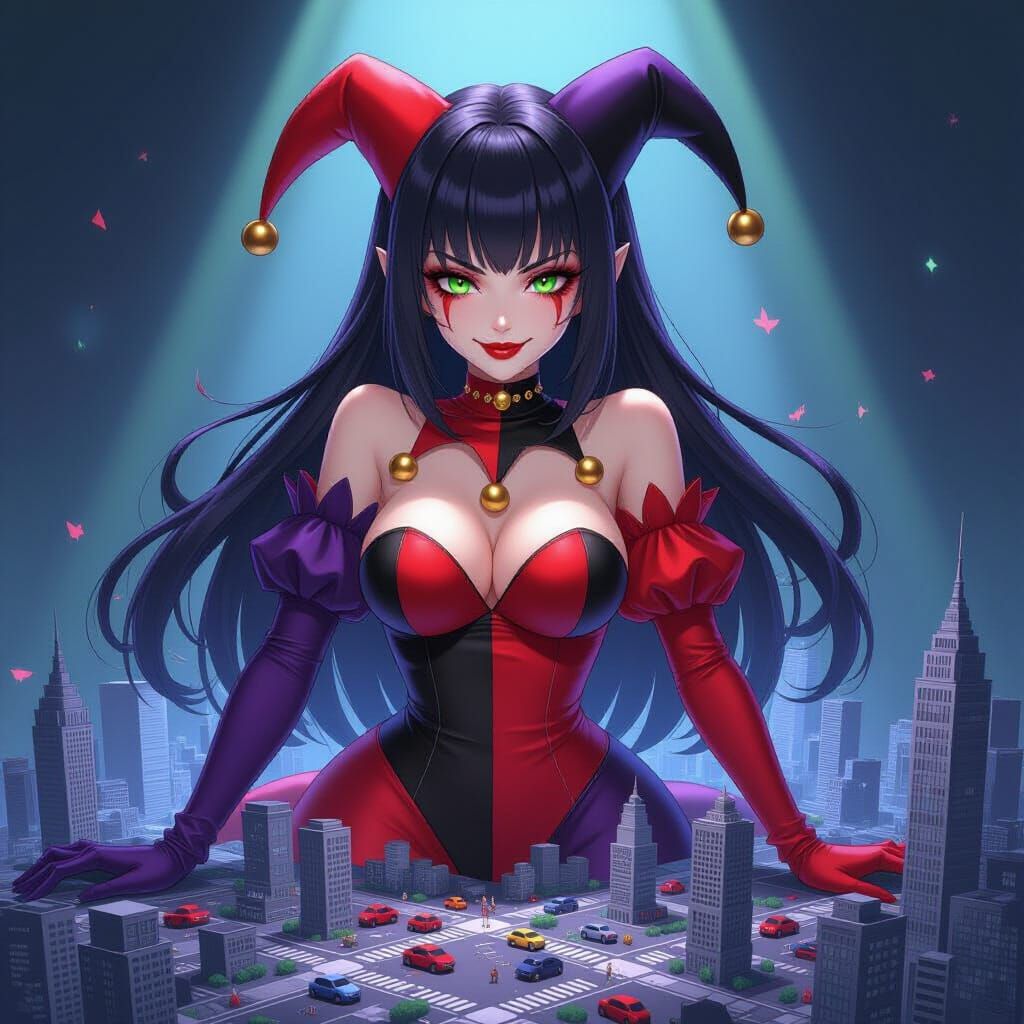 Giantess Jester Overlooks Miniature City in Anime Style
