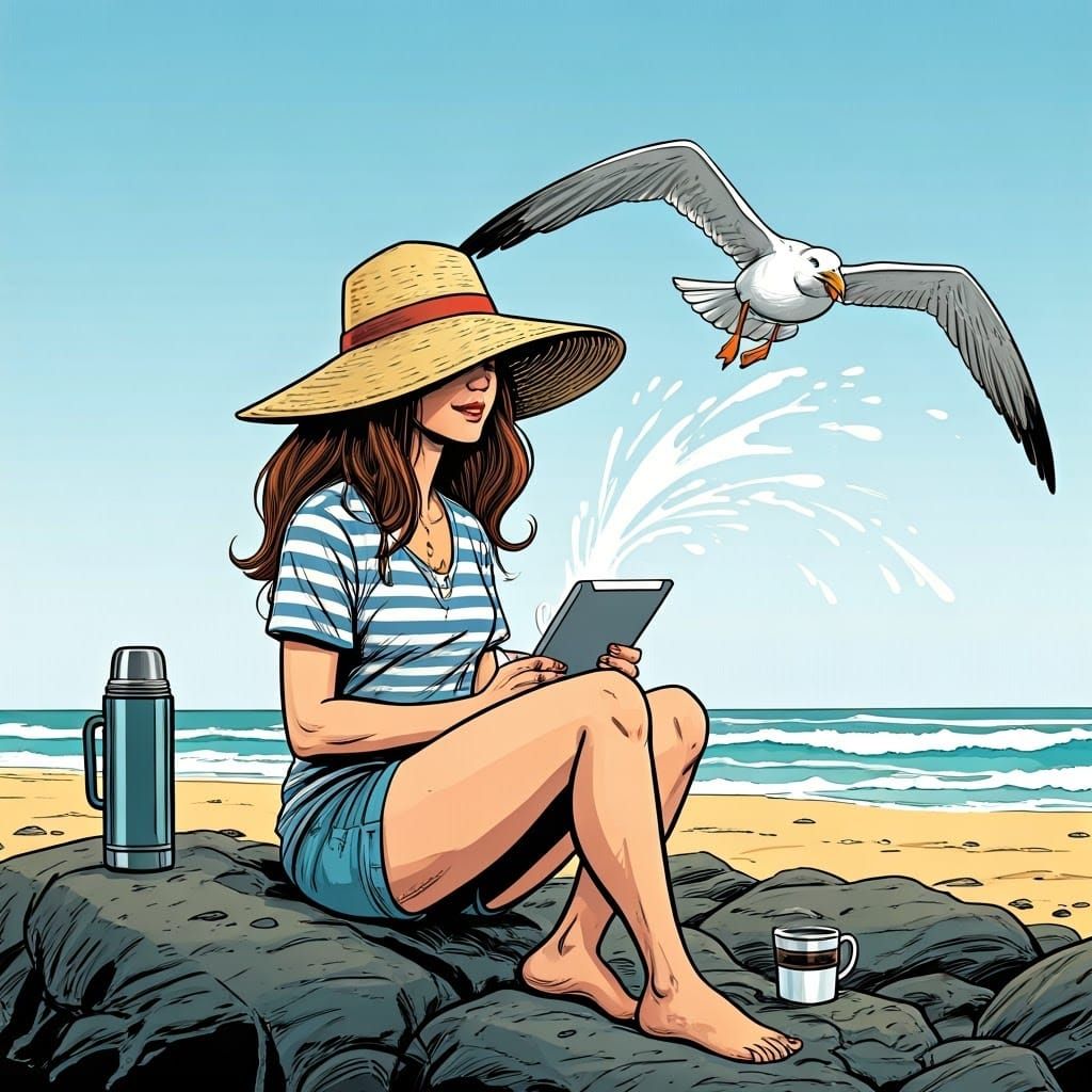 Serious Beachside Whimsy in Exaggerated Comic Book Style