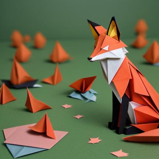 Origami Fox in Forest Papercraft Style