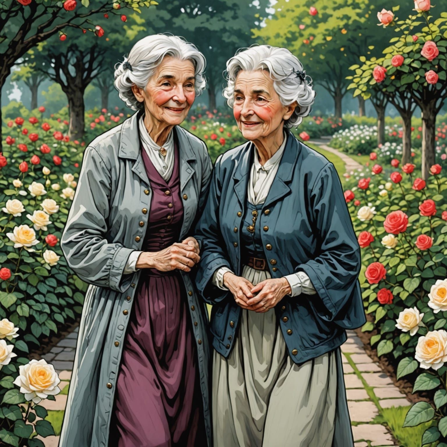 Two Cheerful Women in Rose Garden, Anime Style