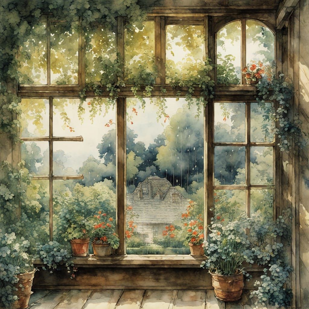 Watercolor Garden Window in Anime Style