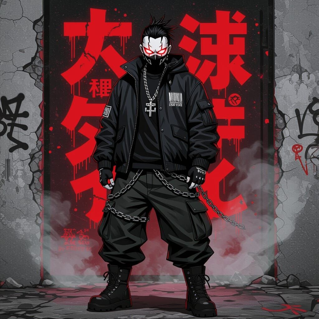 Anime Villain with Glowing Eyes in Urban Grunge Style