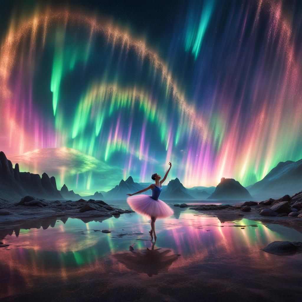 Ballet Dancers Twirling Under Aurora Borealis