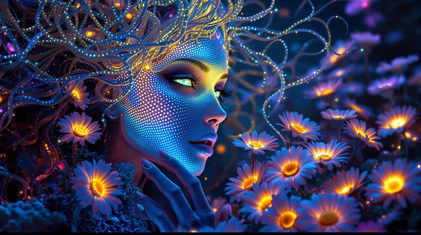 Glowing, Bioluminescent Goddess Among Neon Coral Reefs