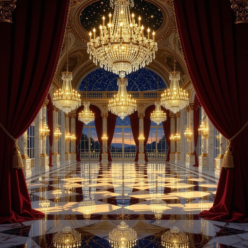 Opulent Baroque Ballroom with Golden Chandelier Light