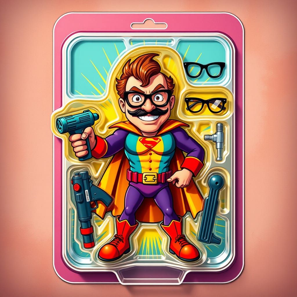 Vintage-Style Superhero in Colorful Action Figure Packaging