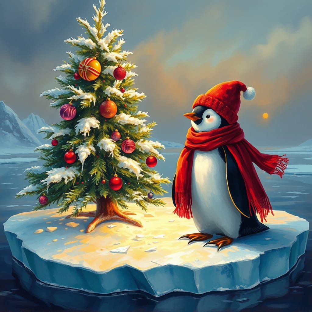 A Penguin's Festive Christmas Scene in Oil Painting Style