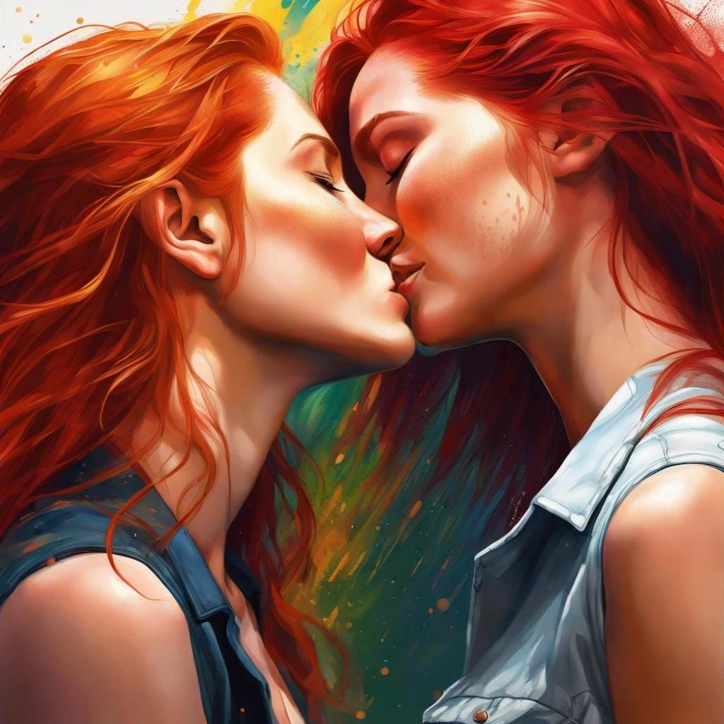 Two Red-Haired Women Kissing in Hyperrealistic Splash Art