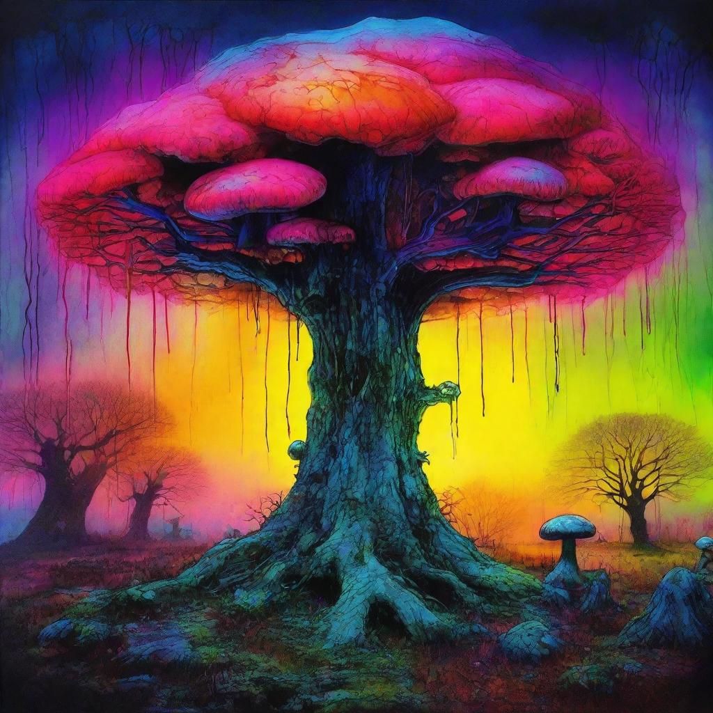 Neon Mushroom Tree in Horror Cemetery: Beksinski Style