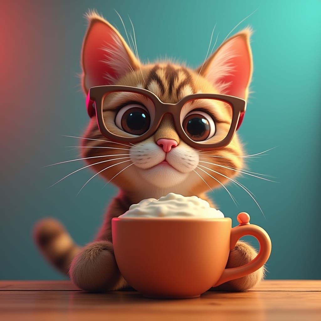 Whimsical Tabby Cat Enjoys Coffee in a Cozy Setting