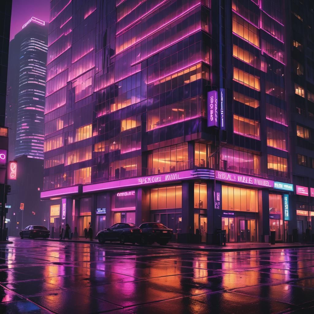 Synthwave Cityscape Reflected in Neon Lit Office