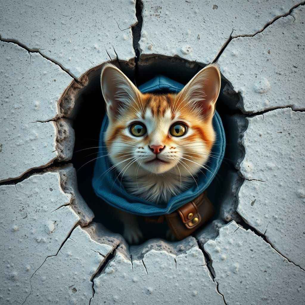 Photorealistic White Cat Emerging from Wall with Enigmatic S...