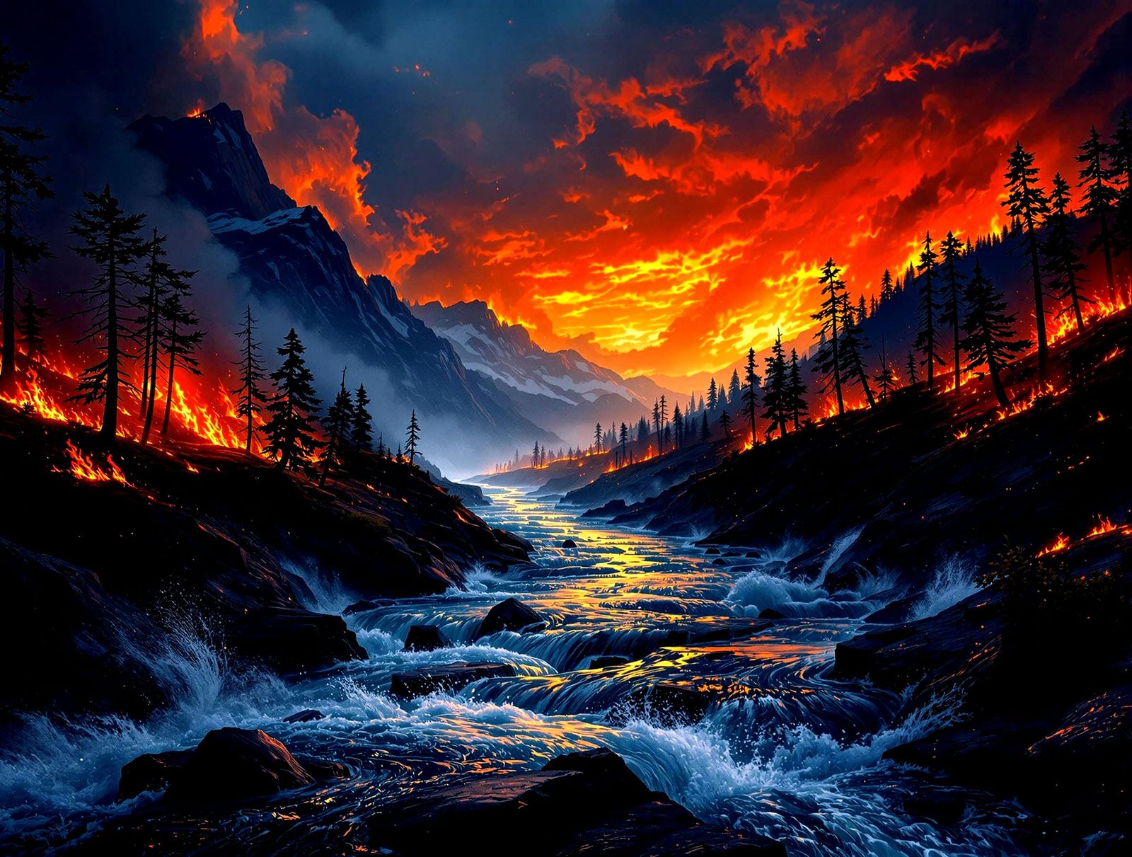 Fiery Sunset Over Mountain River Landscape