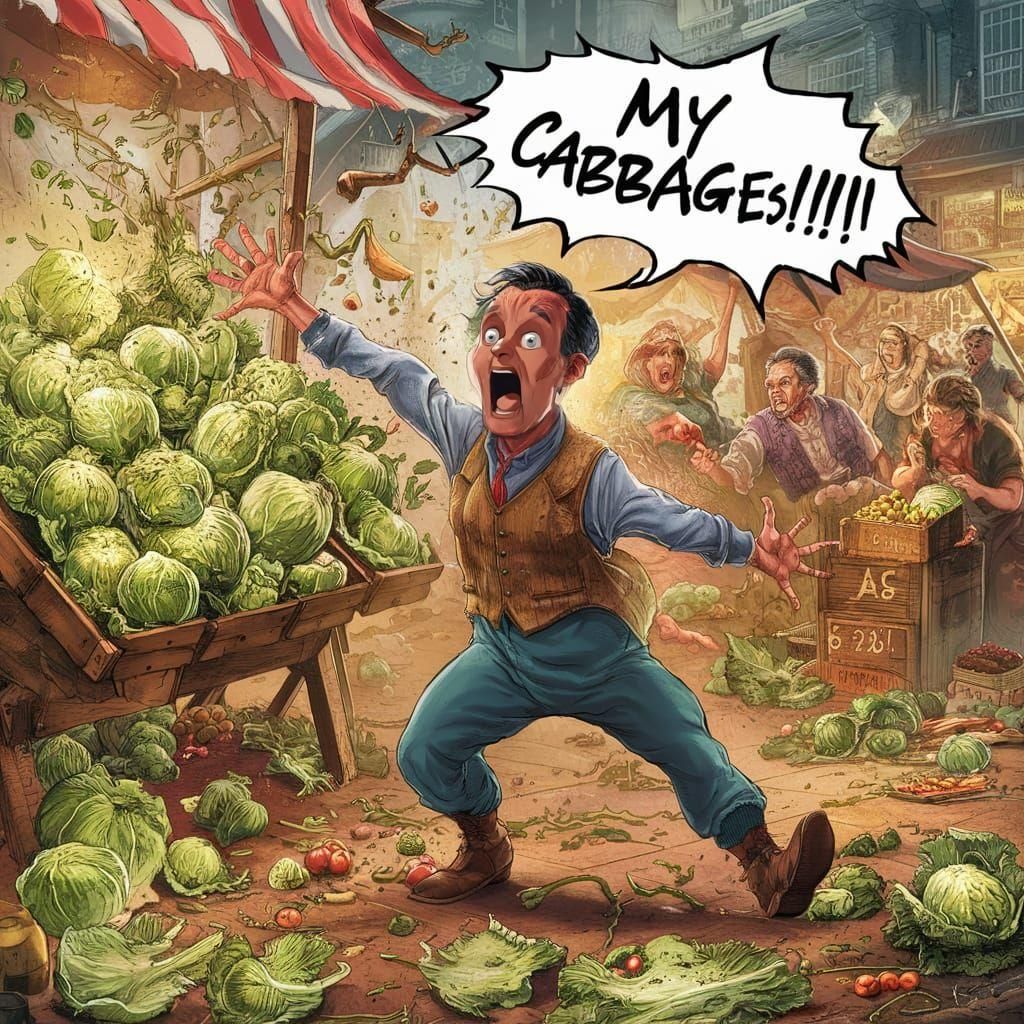Merchant's Cabbage Stand Destroyed in Chaotic Market