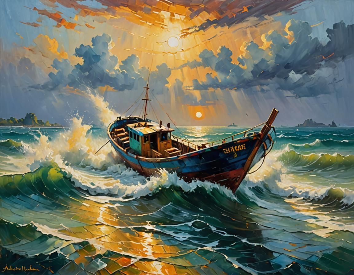 Cambodian Boat in Impressionist Fauvist Seascape