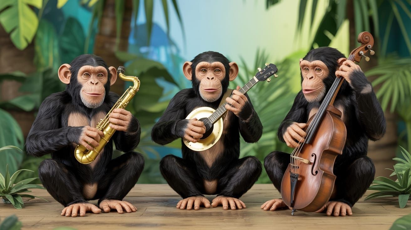 A claymation all chimpanzee three-piece jazz combo playing i...