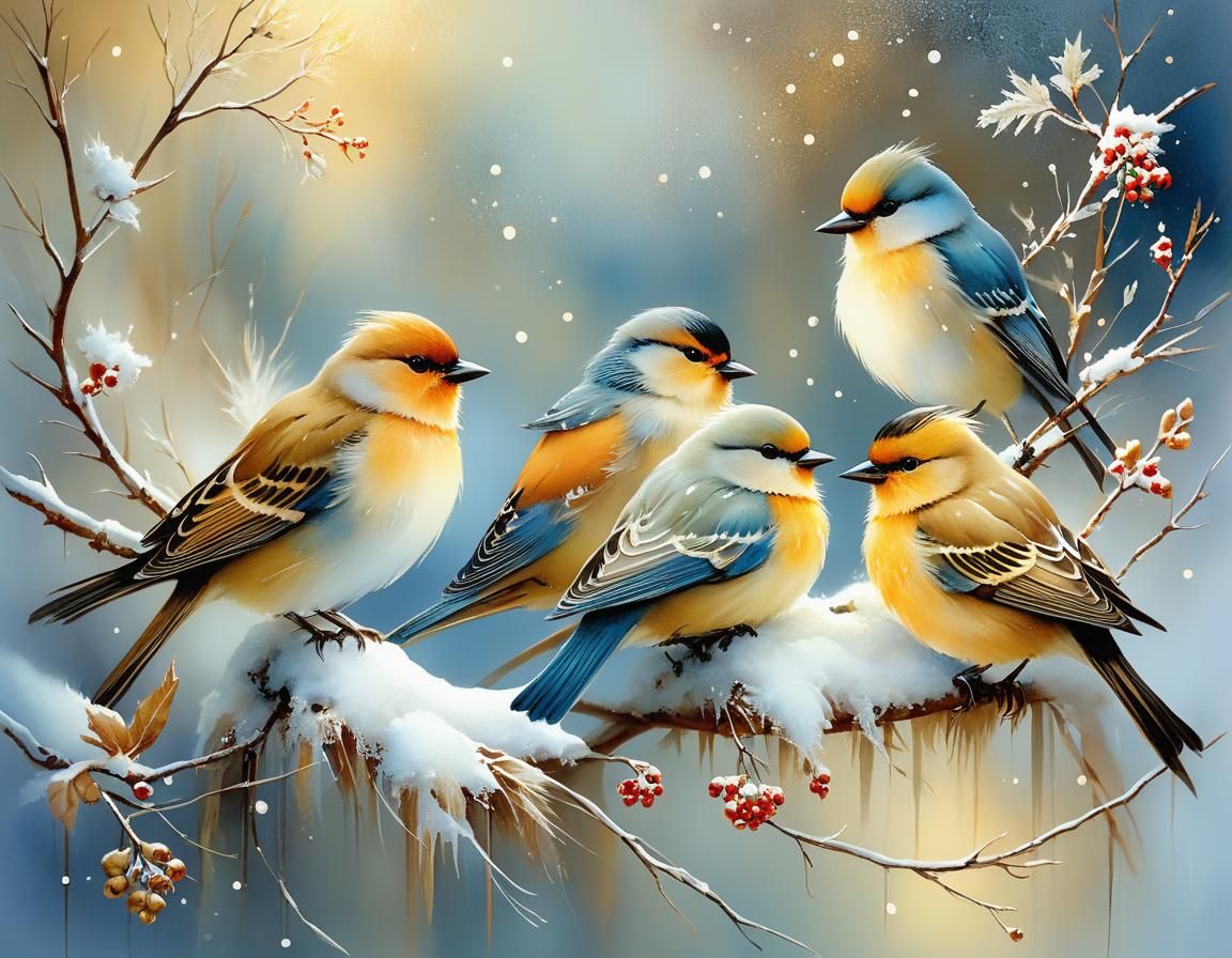 Birds Huddle Together in Winter Snow, Watercolor