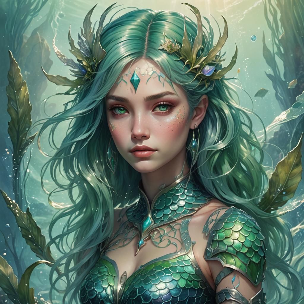 Mermaid Woman in Sea Armor, Ethereal Fantasy Art
