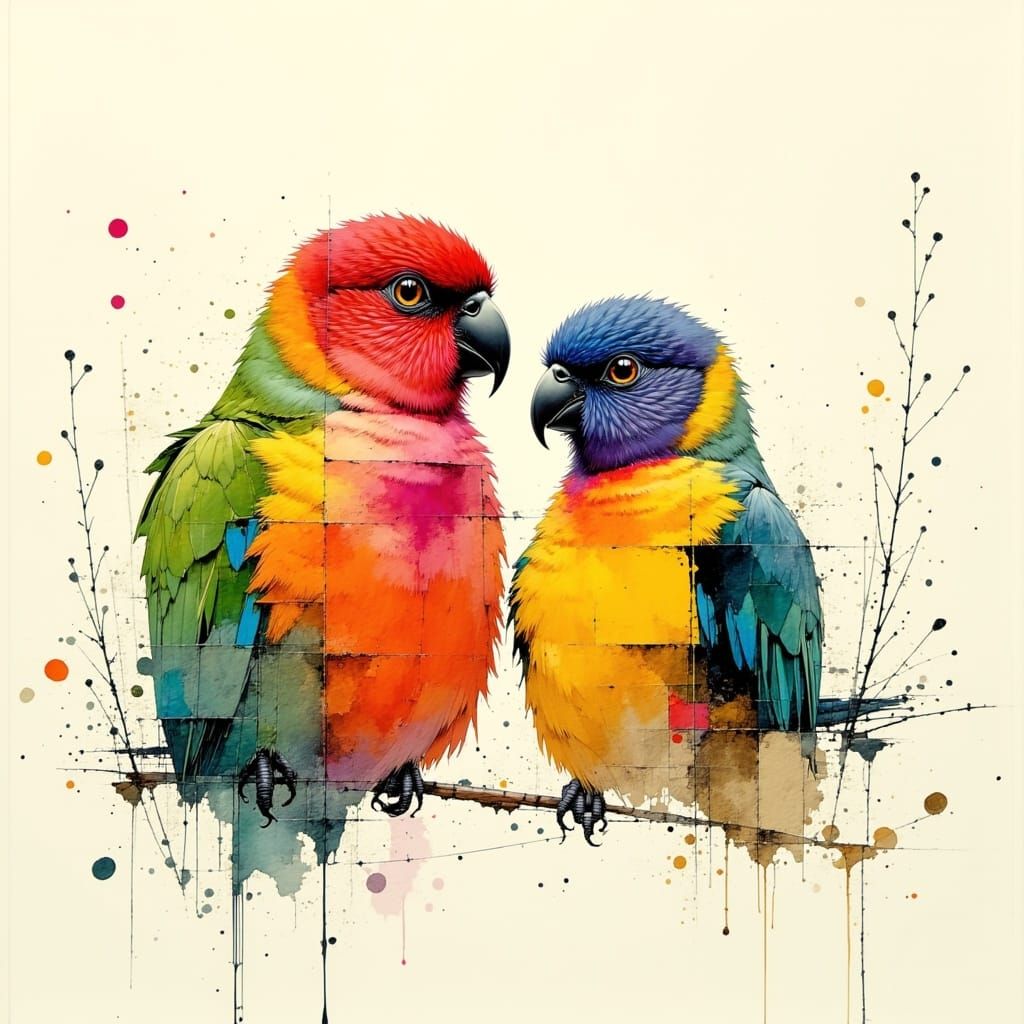 Whimsical Lovebirds in Black Contour Watercolor