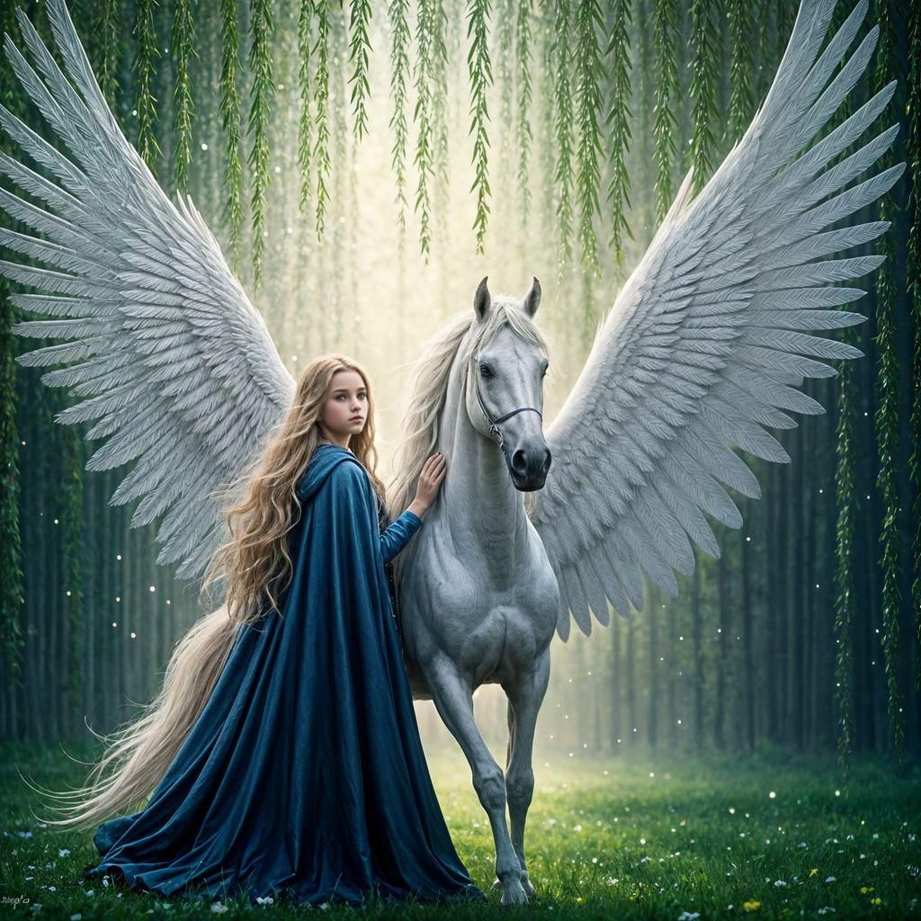 Girl with Pegasus Under Magical Willow Tree