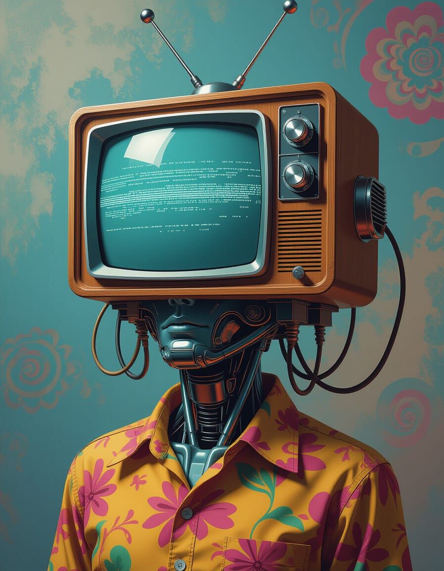 Retro TV Head Humanoid in Psychedelic Fantasy Art