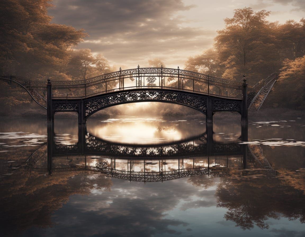 Wrought Iron Bridge Reflection in Still Pond