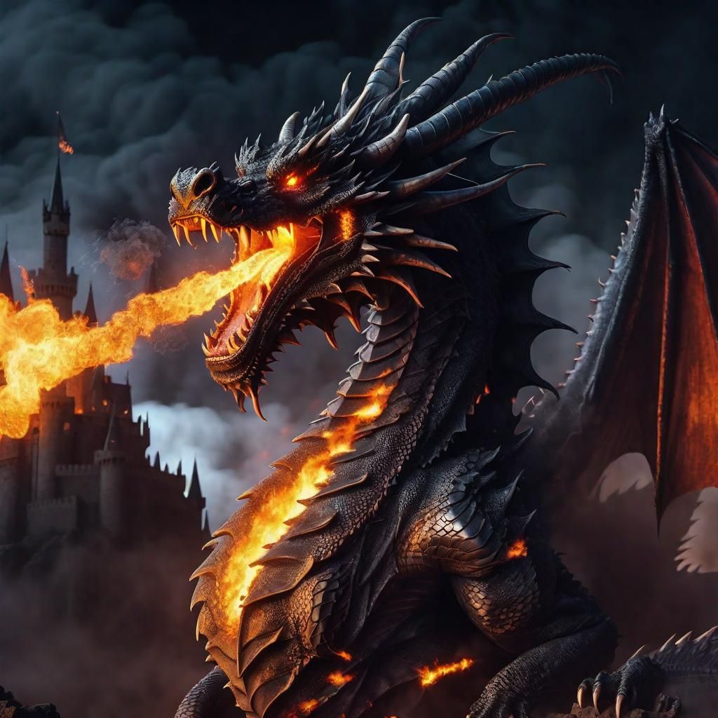 Black Dragon God Destroys Castle in Photorealistic Style
