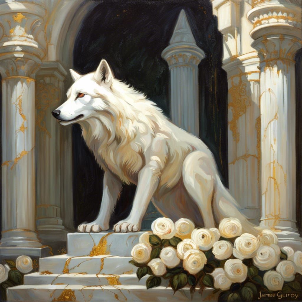 Gothic White Wolf in Rose Field Painting