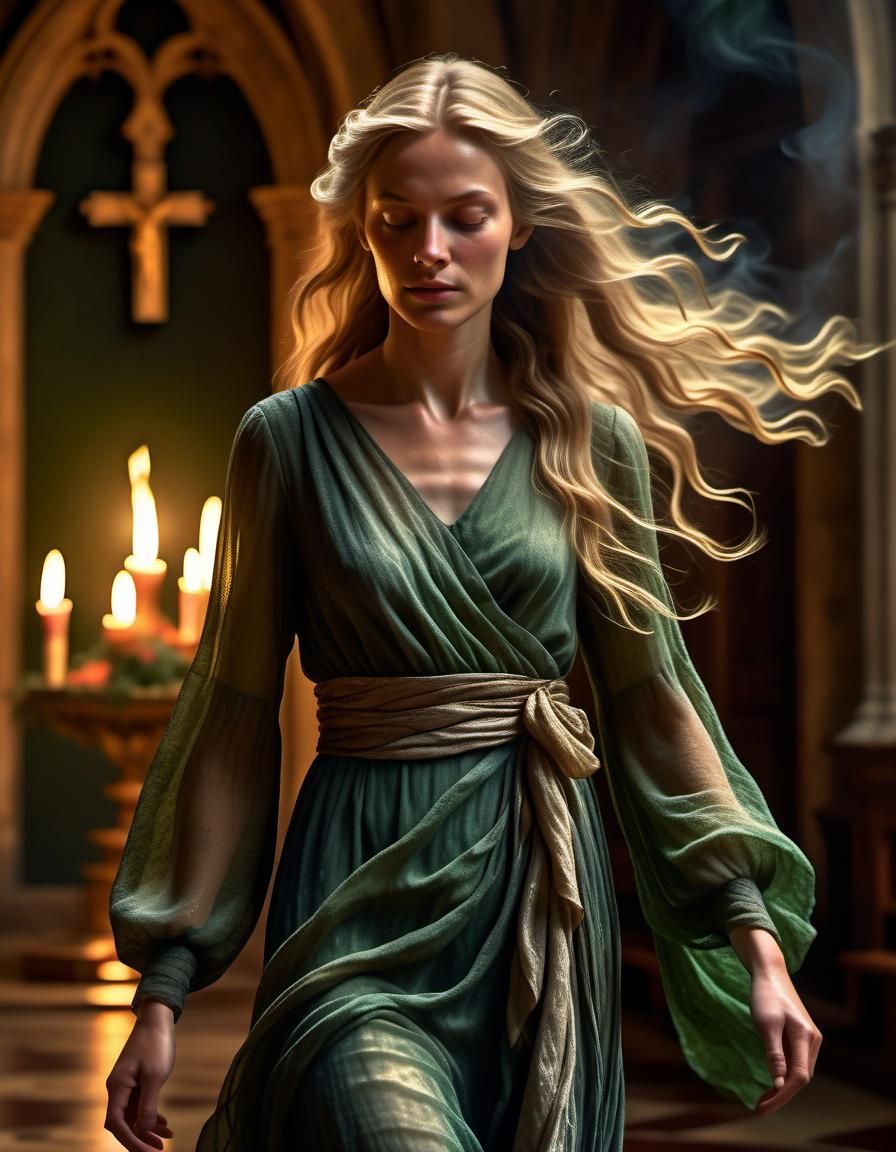 Ethereal Blonde Woman in Smoky Chapel: Renaissance Style