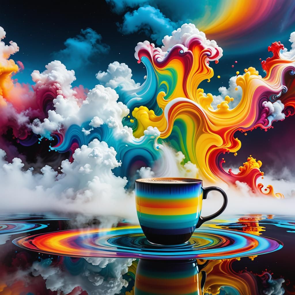 Colorful Fluid Lake Forms Coffee Mug in Surreal Scene