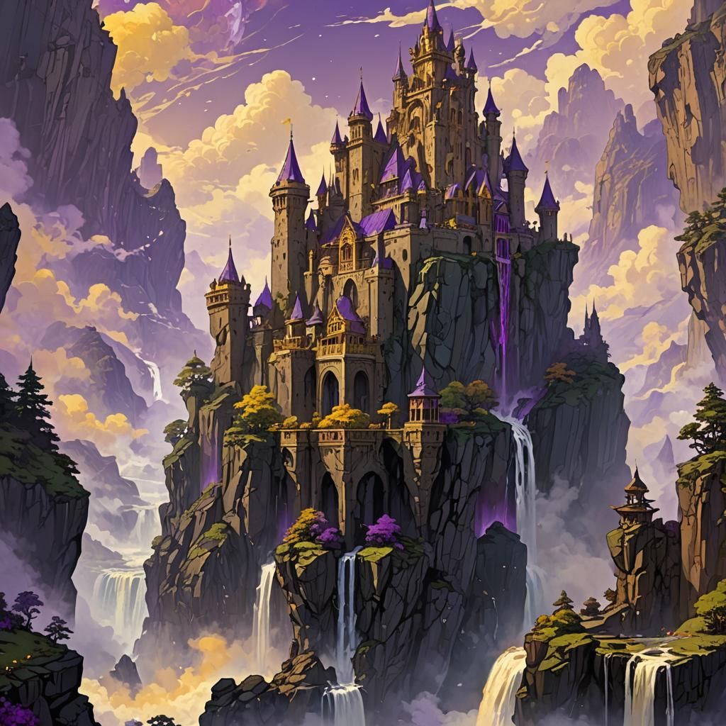 Floating Castle Above Golden Clouds in Dark Fantasy Style