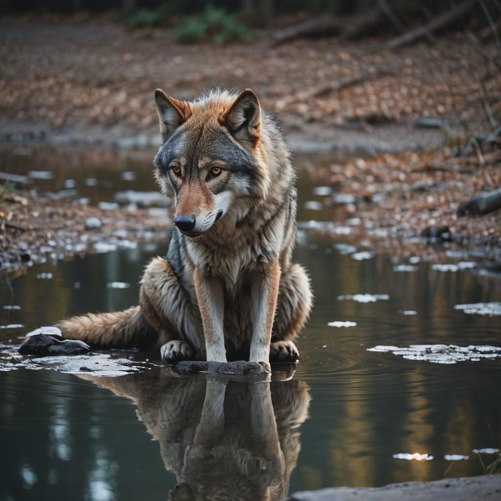 Majestic Wolf in Moonlight Reflection