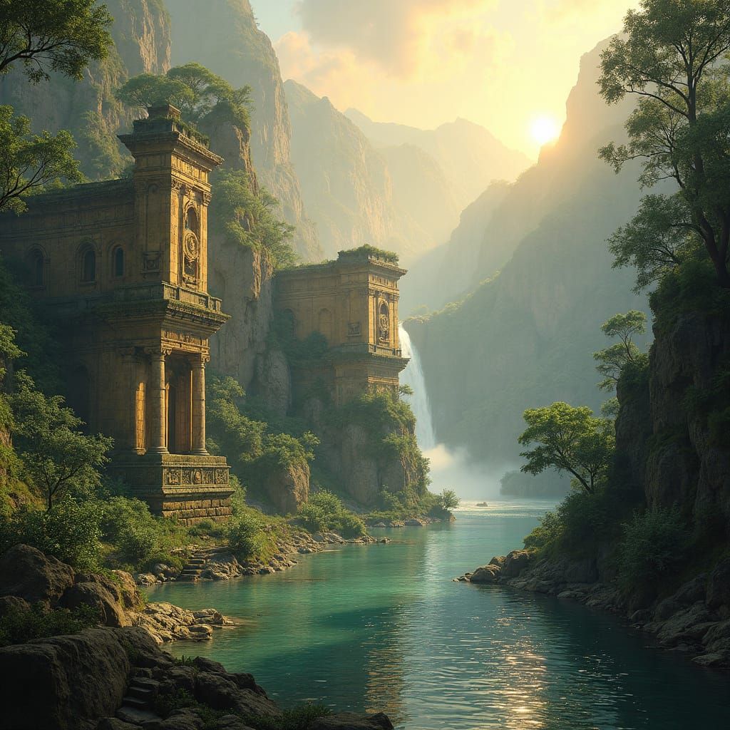 Golden Dawn Over Ancient Ruins: Digital Concept Art