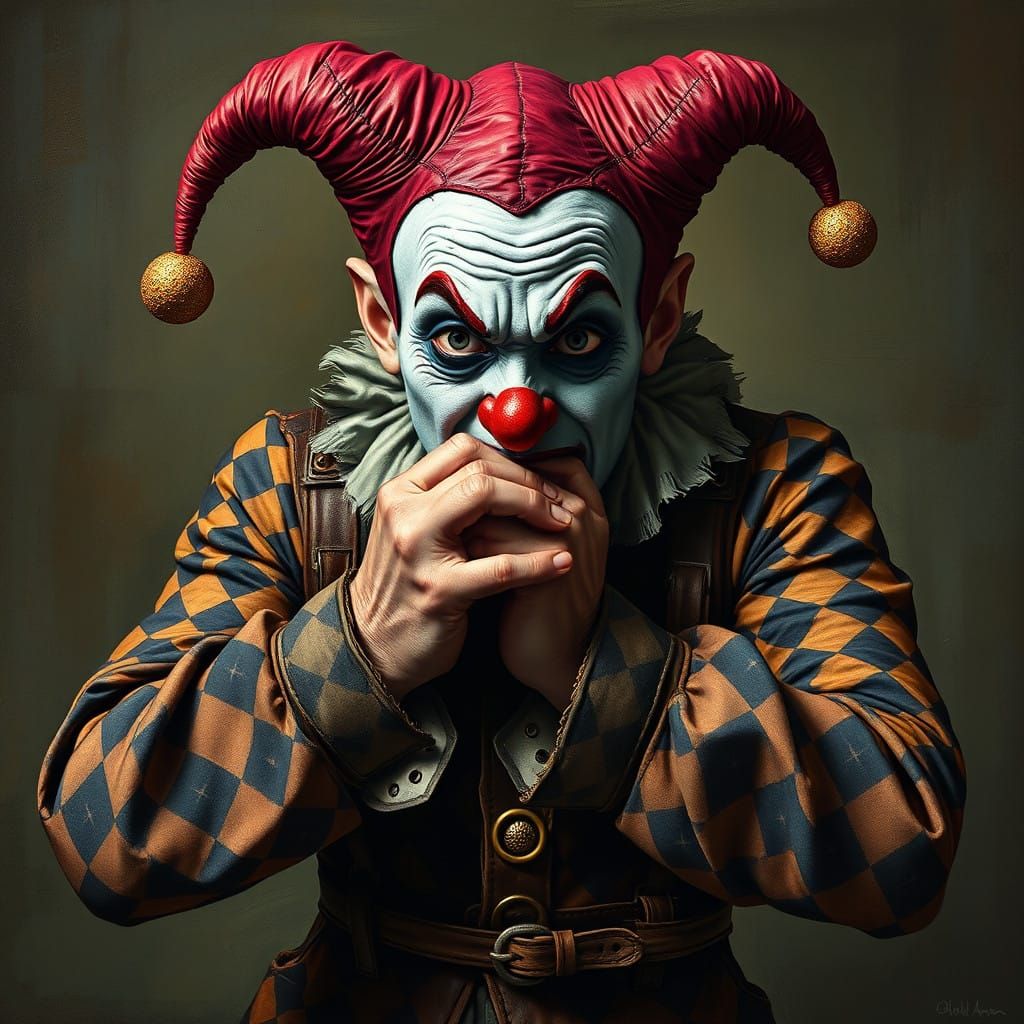 Surreal Portrait of a Jester Trapped by Societal Expectation...