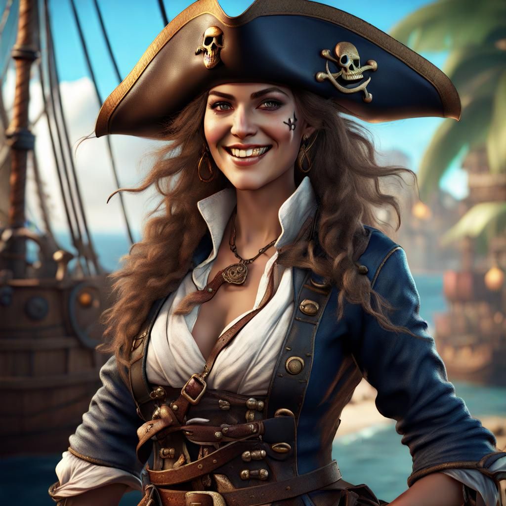 Detailed Portrait of a Smiling Female Pirate
