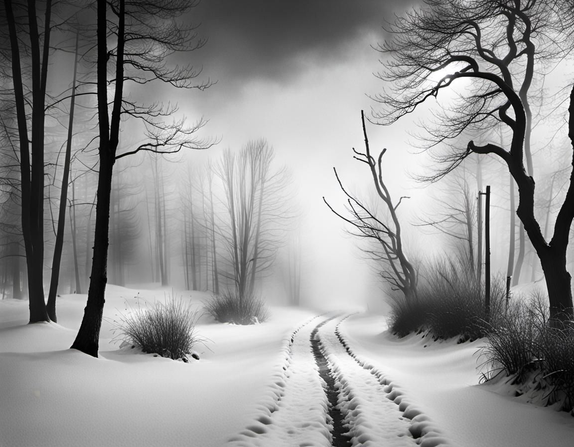 Eerie Winter Path in Fog: Ansel Adams Style