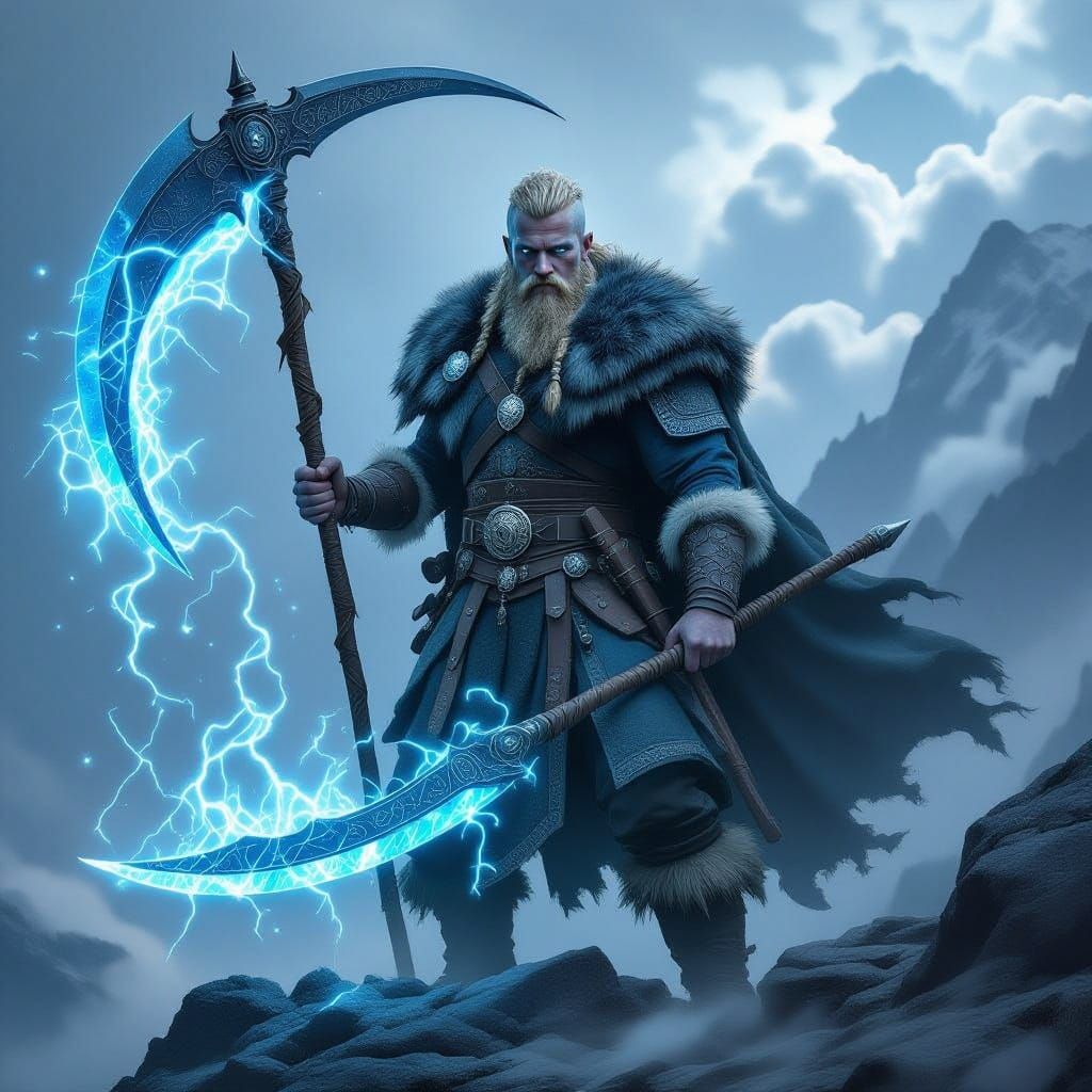 Blue-Skinned Viking Warrior with Mystic Aura