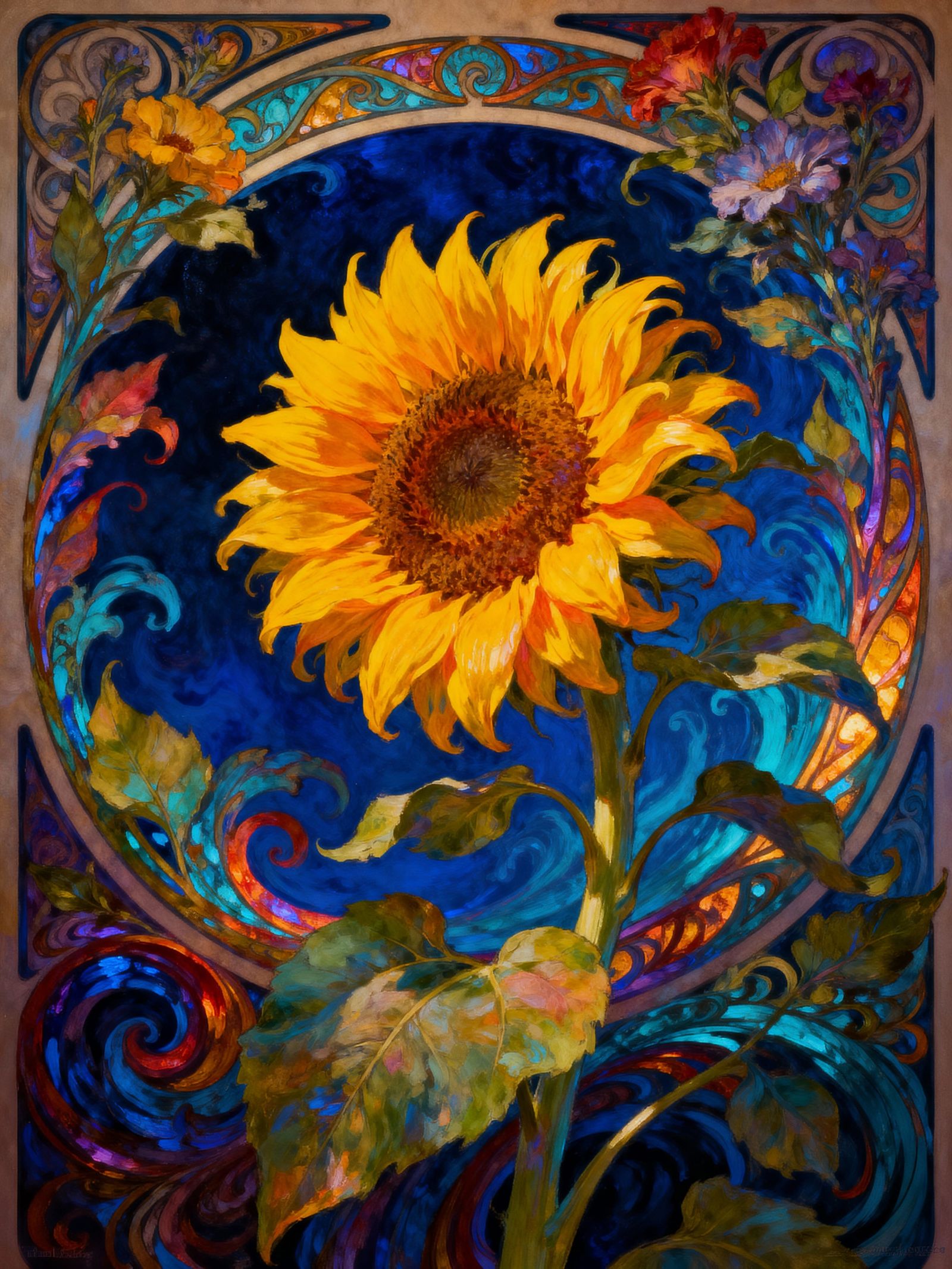 Vibrant Sunflower in Intricate Swirl, Fantasy Art