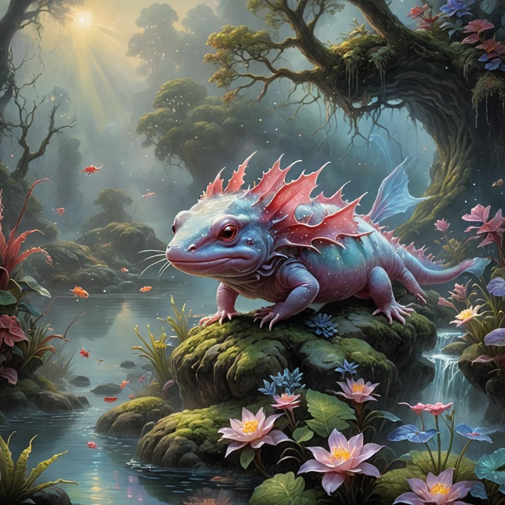 Ethereal Axolotl in a Luminous Fantasy Landscape