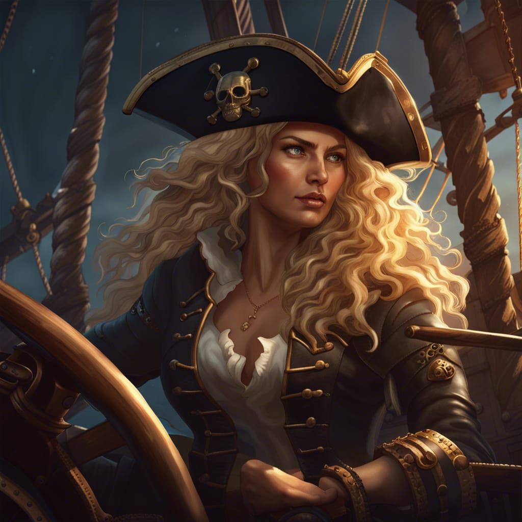 Pirate Woman at Helm: Dark Fantasy Art