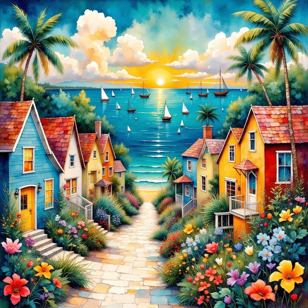 Colorful Key West Collage in Retro Style