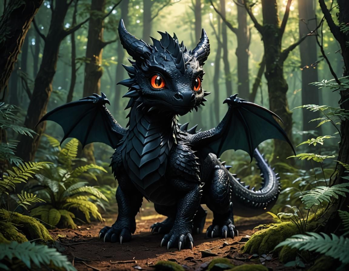 Adorable Black Dragon in Dark Forest, Vaporwave Style