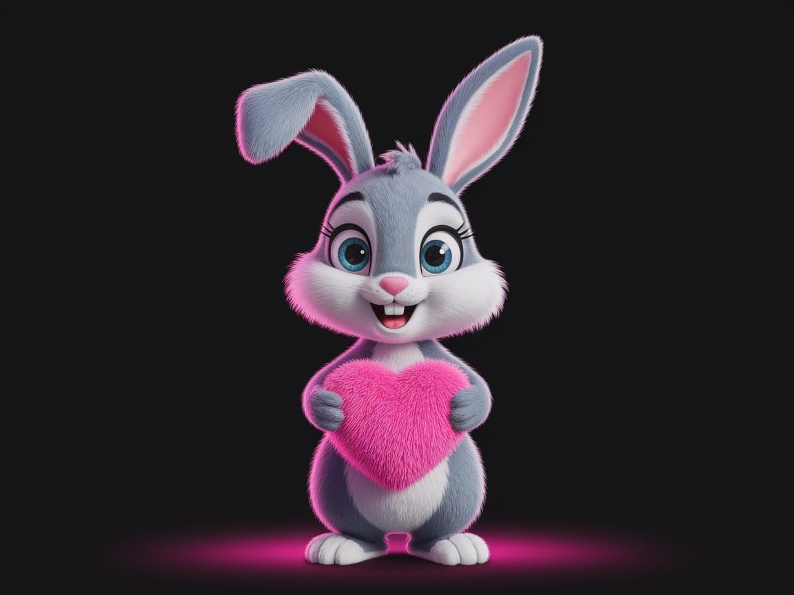 Cute Cartoon Bunny Holds Heart in Modern 3D Animation Style