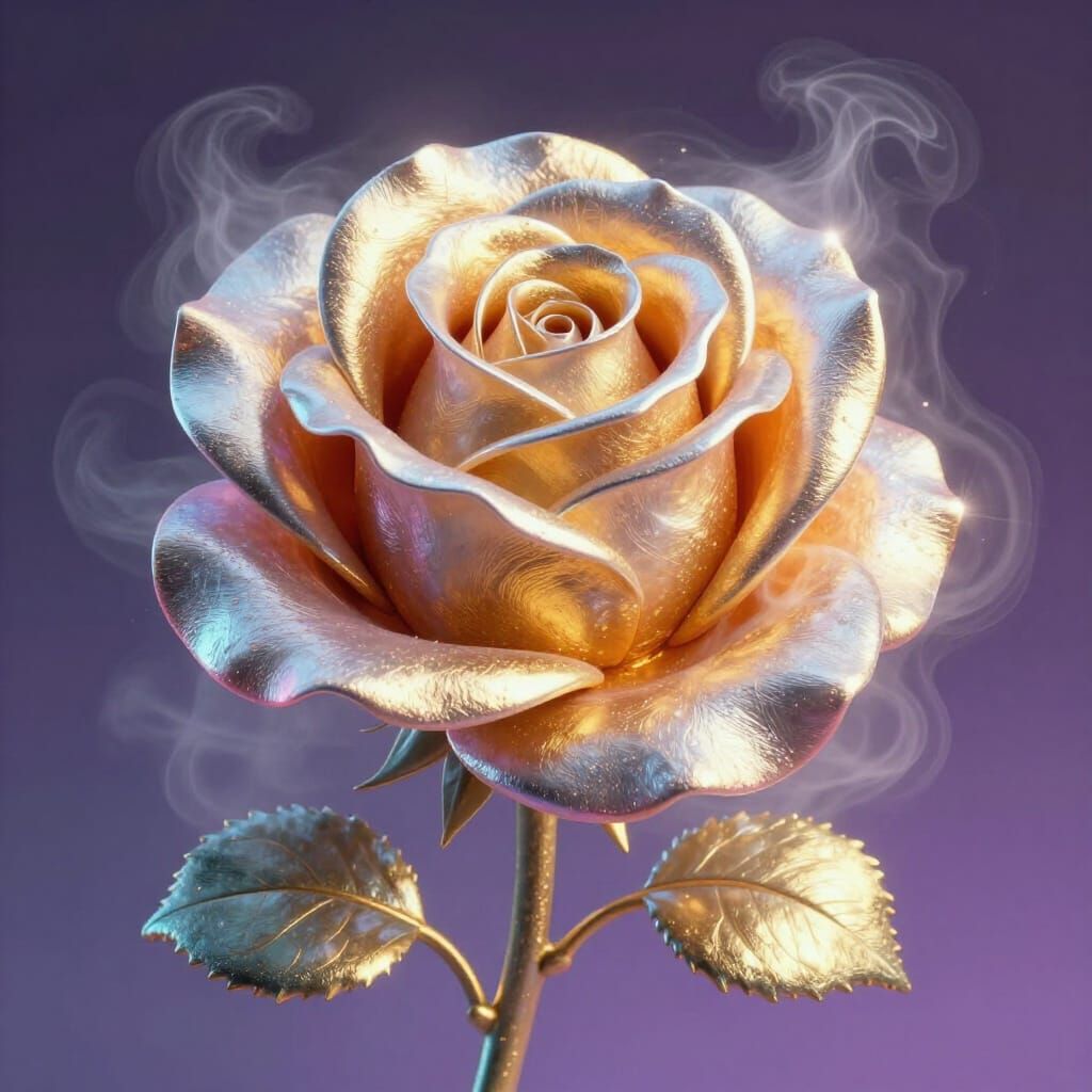 Luminous Silver-Gold Mist Rose in Candy Art Style