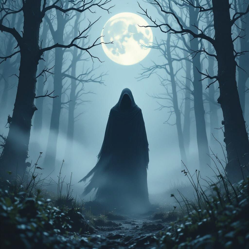 Mystical Figure in Moonlit Forest: Dreamy Digital Art